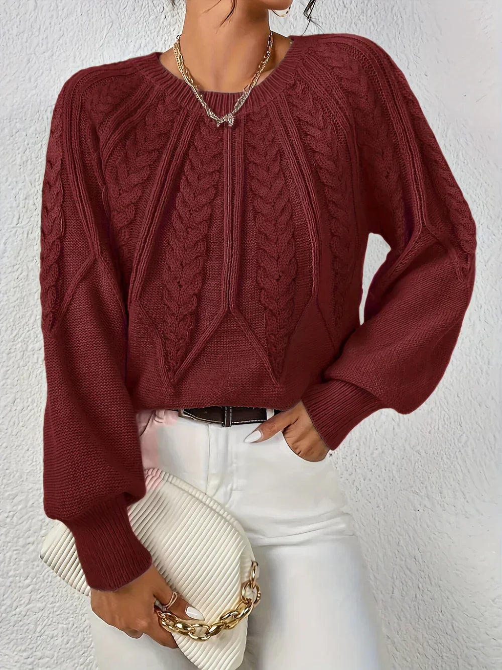 Calvina | Women's Cable Knit Crew Neck Sweater - Sage - Image 3