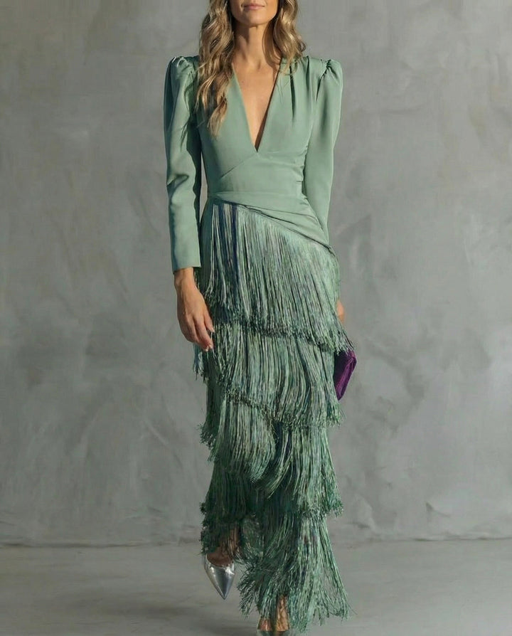 Cassiopeia | Women's V Neck Fringe Maxi Dress - Green - Image 1