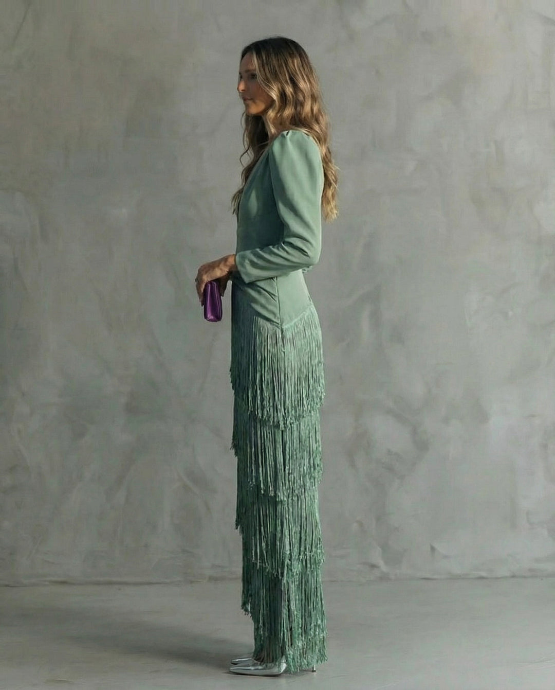 Cassiopeia | Women's V Neck Fringe Maxi Dress - Green - Image 3