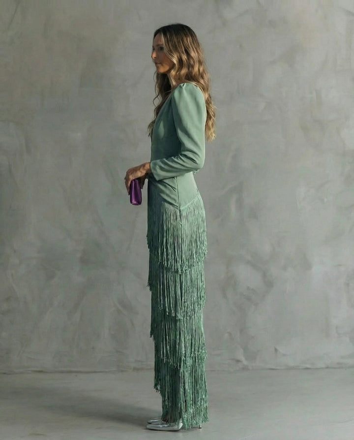 Cassiopeia | Women's V Neck Fringe Maxi Dress - Green - Image 3