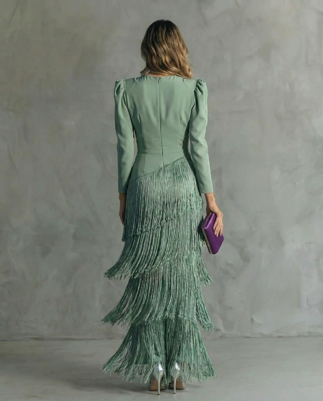 Cassiopeia | Women's V Neck Fringe Maxi Dress - Green - Image 4