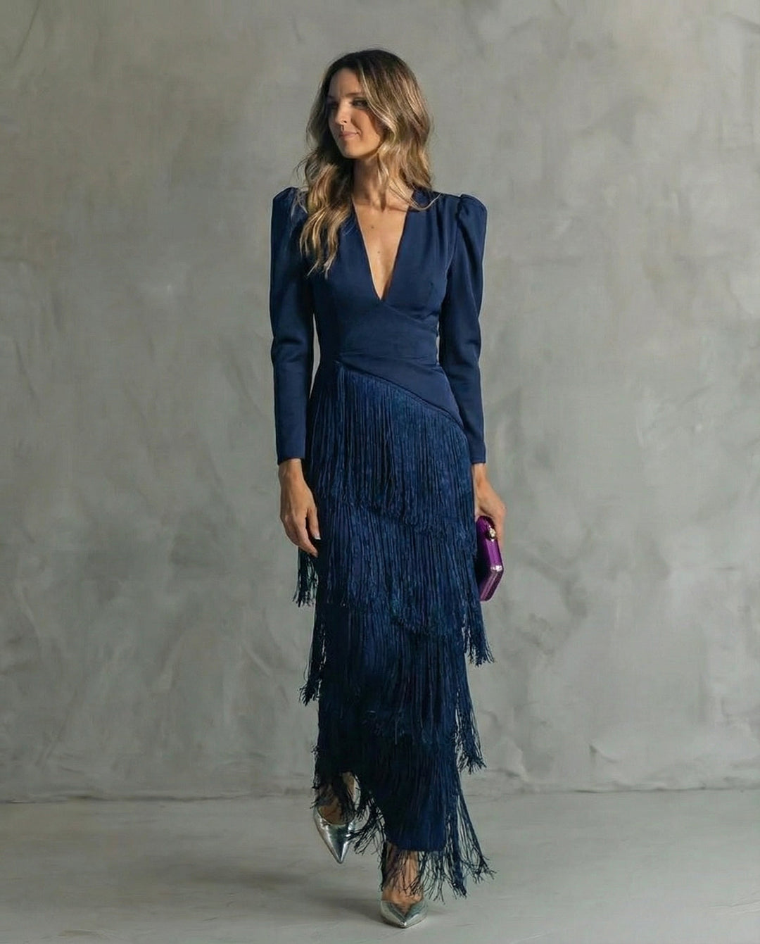 Cassiopeia | Women's V Neck Fringe Maxi Dress - Green - Image 5