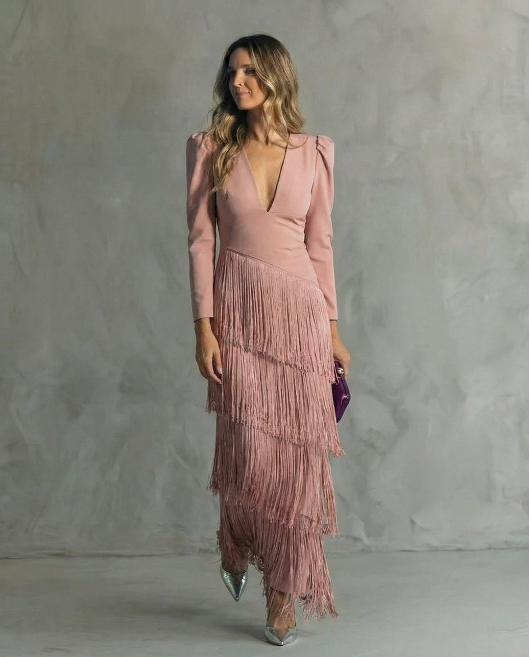 Cassiopeia | Women's V Neck Fringe Maxi Dress - Green - Image 6