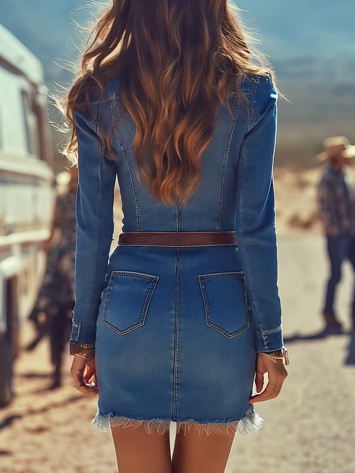 Celestine | Women's Button Up Long Sleeve Mini Dress - Blue - Image 3