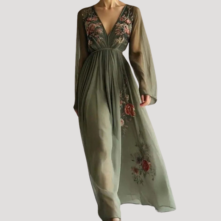 Clarissa | Women's Embroidered V-Neck Long Sleeve Maxi Dress - Green - Image 1