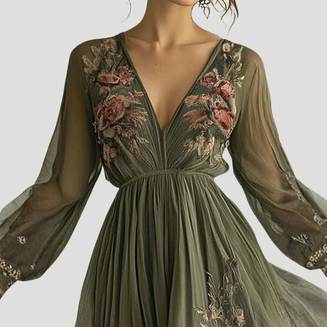 Clarissa | Women's Embroidered V-Neck Long Sleeve Maxi Dress - Green - Image 2