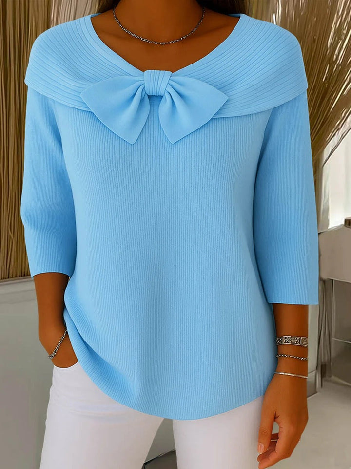 Cordwyn | Women's Bow Detail Ribbed Knit Sweater - Sky Blue - Image 1
