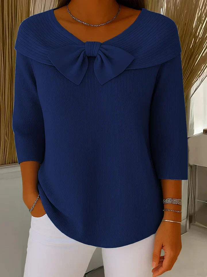 Cordwyn | Women's Bow Detail Ribbed Knit Sweater - Sky Blue - Image 5