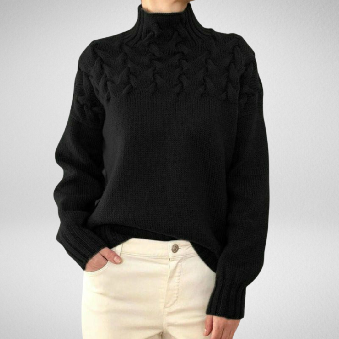 Corwen | Women's Cable Knit Turtleneck Sweater - Black - Image 1