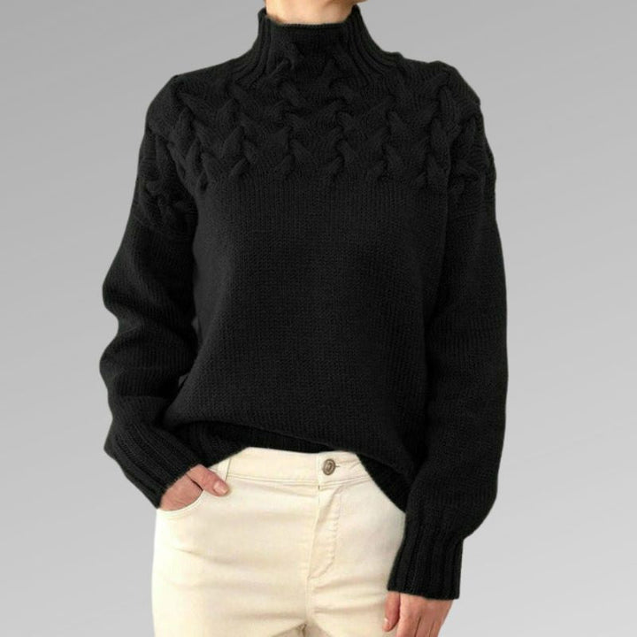 Corwen | Women's Cable Knit Turtleneck Sweater - Black - Image 2