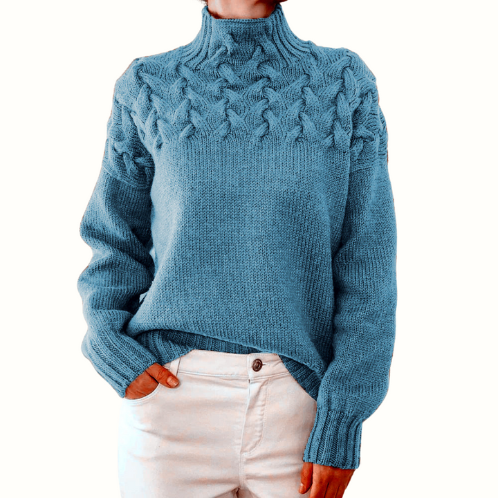 Cressida | Women's Cable Knit Turtleneck Sweater - Blue - Image 1