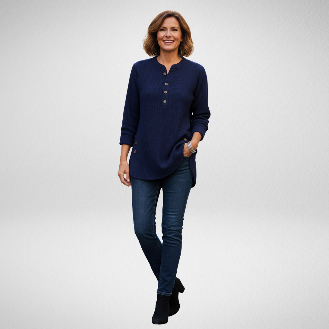 Cressida | Women's Relaxed Fit Henley Tunic Sweater - Navy - Image 1
