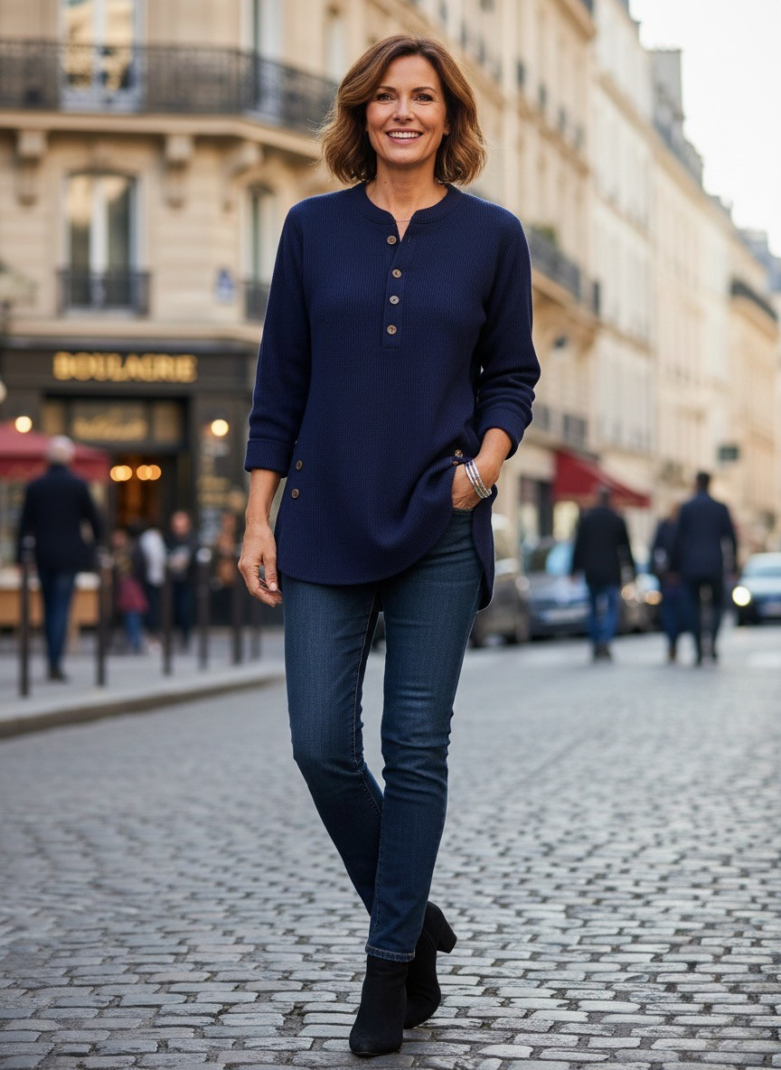 Cressida | Women's Relaxed Fit Henley Tunic Sweater - Navy - Image 4