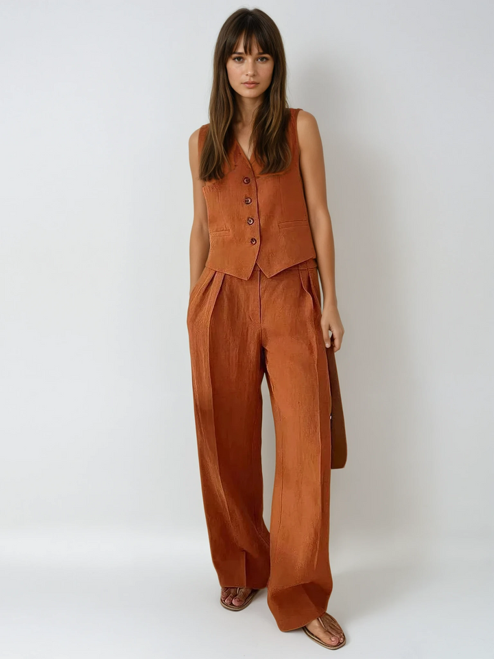 Darcey | Women's Tailored Vest Wide Leg Pants Set - Orange - Image 1