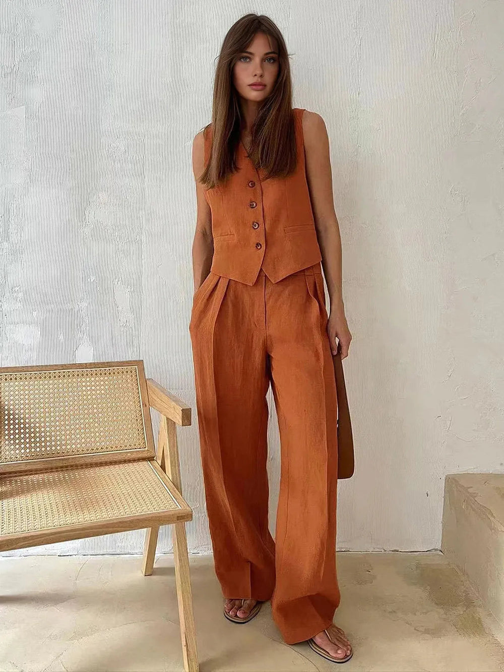 Darcey | Women's Tailored Vest Wide Leg Pants Set - Orange - Image 2