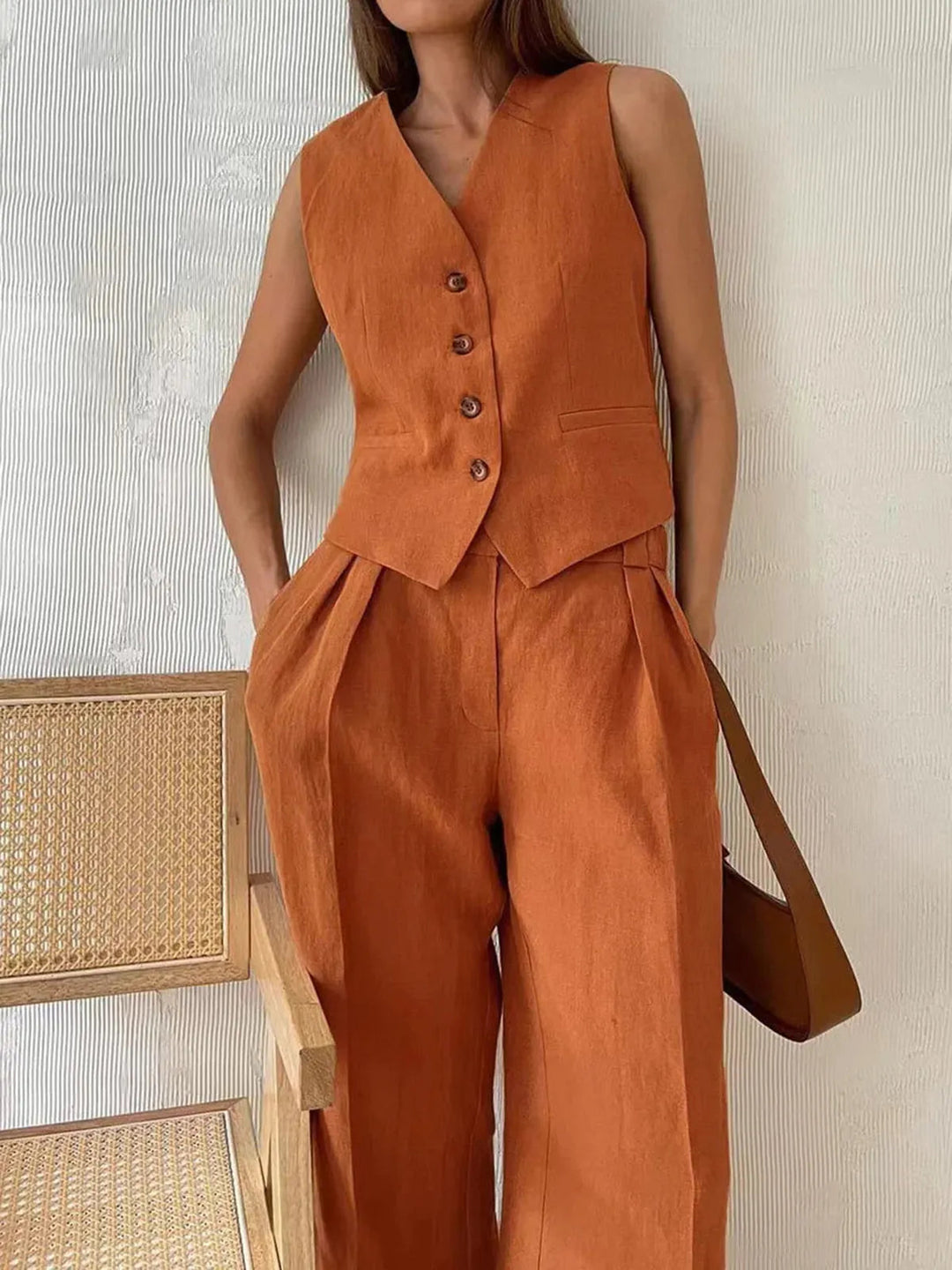 Darcey | Women's Tailored Vest Wide Leg Pants Set - Orange - Image 3
