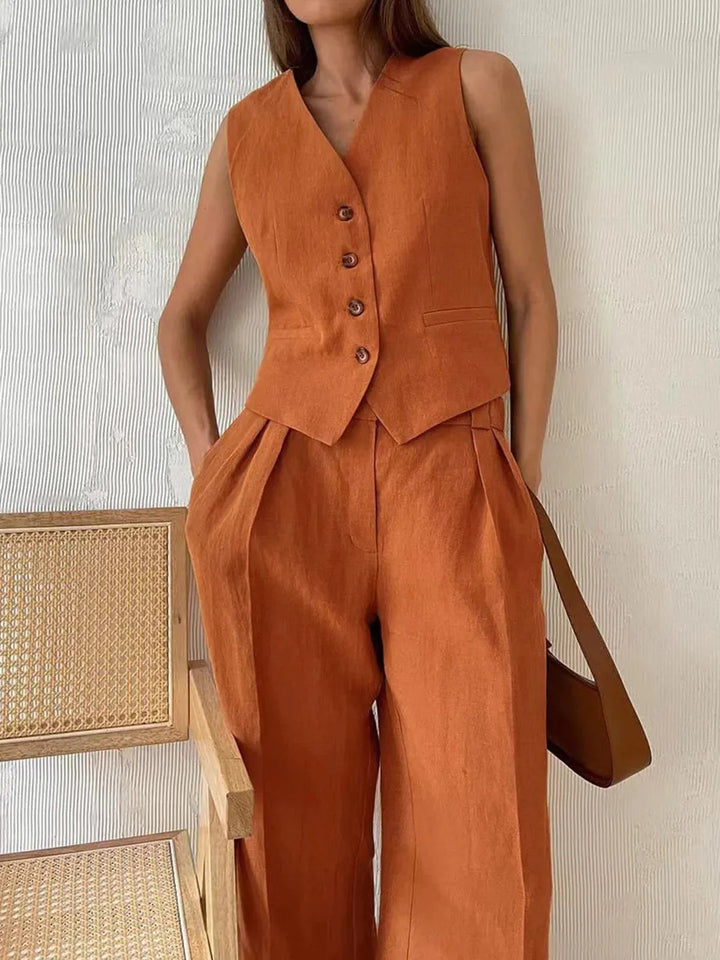 Darcey | Women's Tailored Vest Wide Leg Pants Set - Orange - Image 3