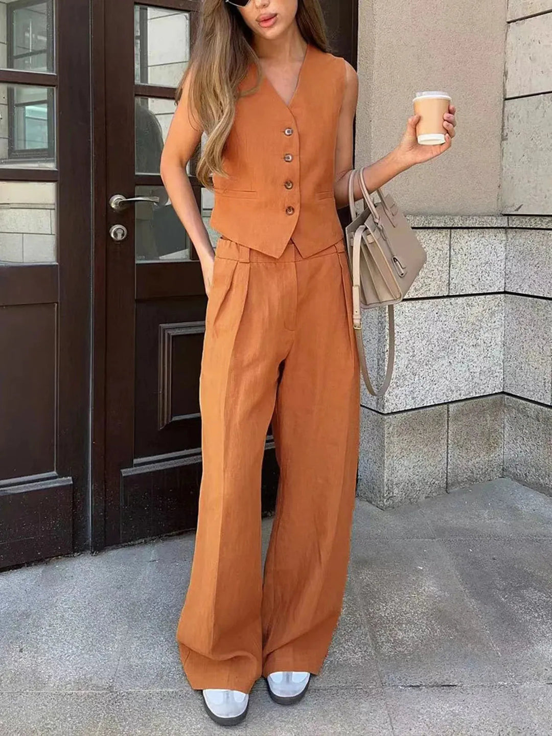 Darcey | Women's Tailored Vest Wide Leg Pants Set - Orange - Image 4