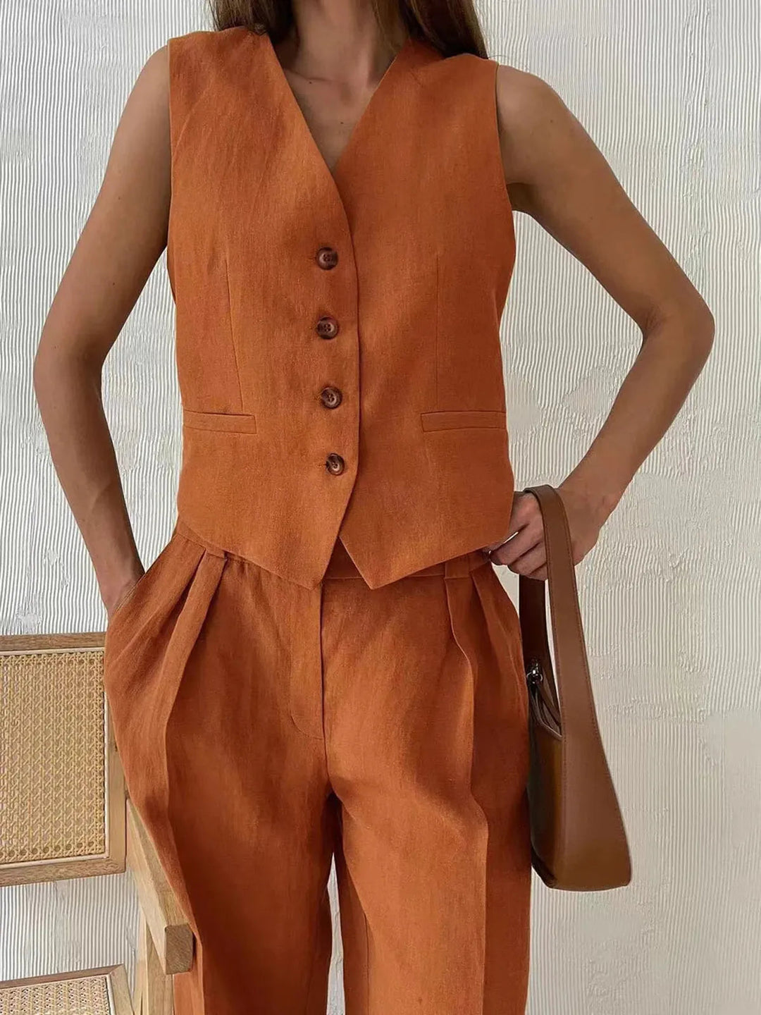 Darcey | Women's Tailored Vest Wide Leg Pants Set - Orange - Image 5