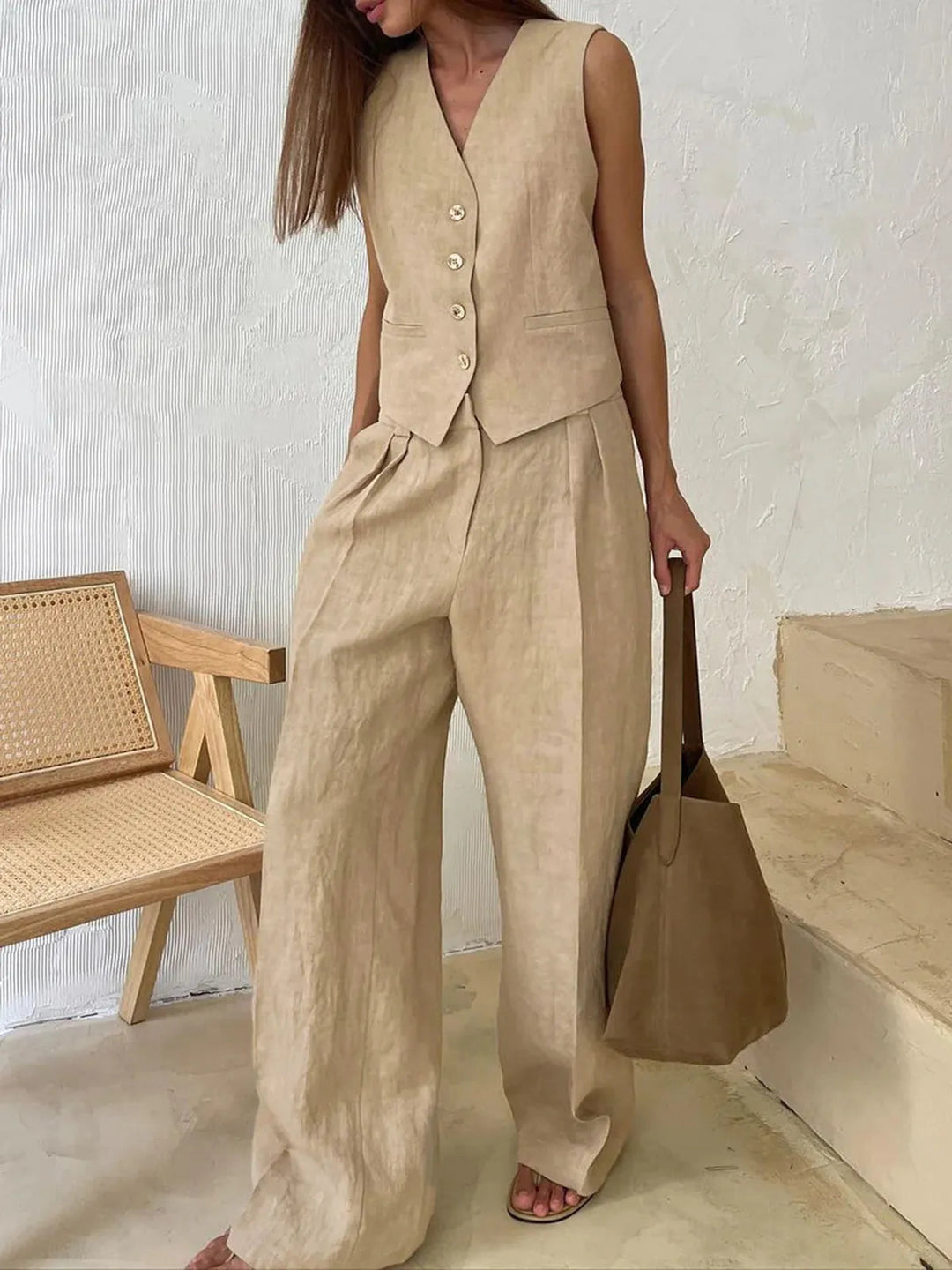 Darcey | Women's Tailored Vest Wide Leg Pants Set - Orange - Image 6