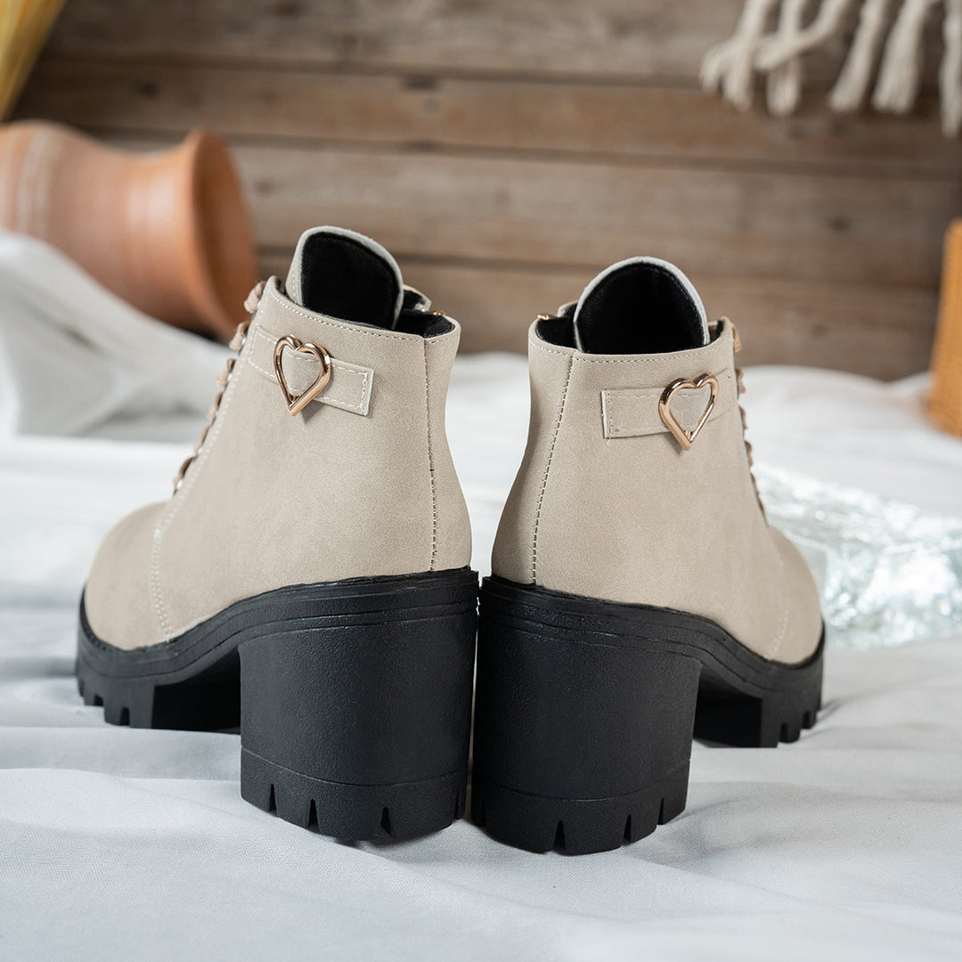 Darcy | Women's Lace-Up Ankle Boot with Block Heel - Beige - Image 1