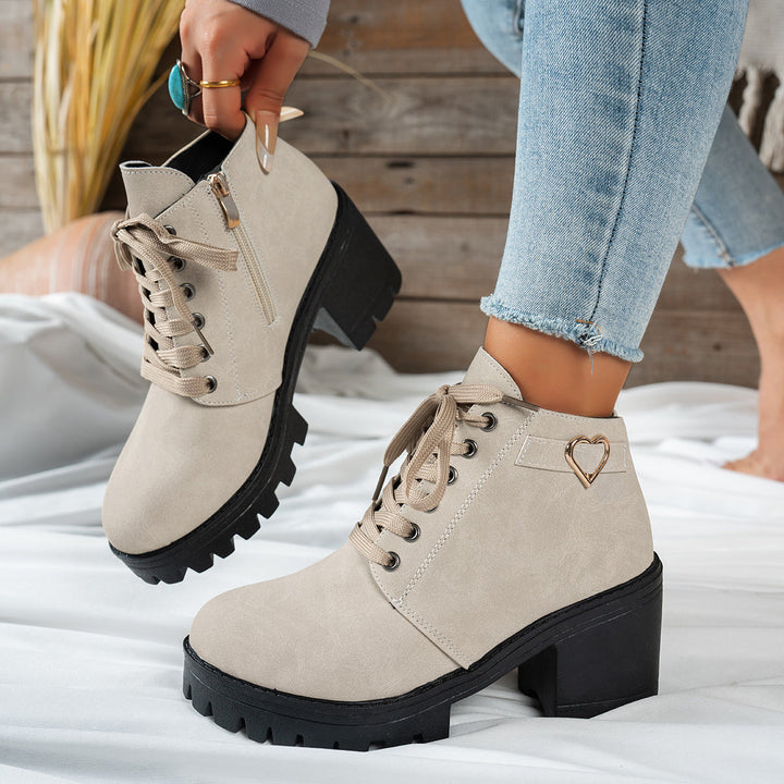 Darcy | Women's Lace-Up Ankle Boot with Block Heel - Beige - Image 2