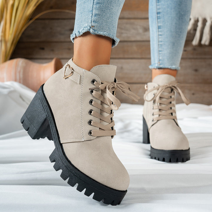 Darcy | Women's Lace-Up Ankle Boot with Block Heel - Beige - Image 3