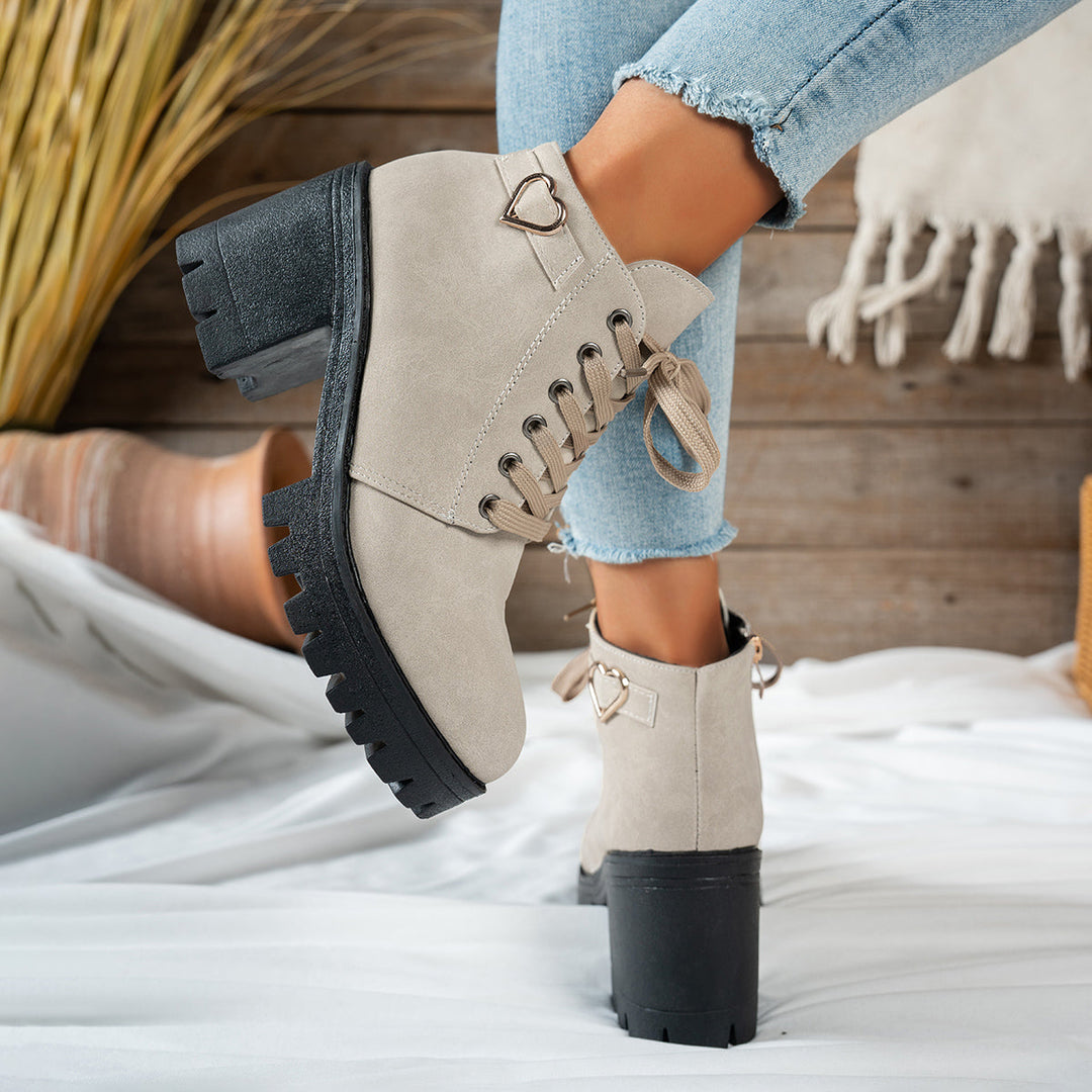 Darcy | Women's Lace-Up Ankle Boot with Block Heel - Beige - Image 9