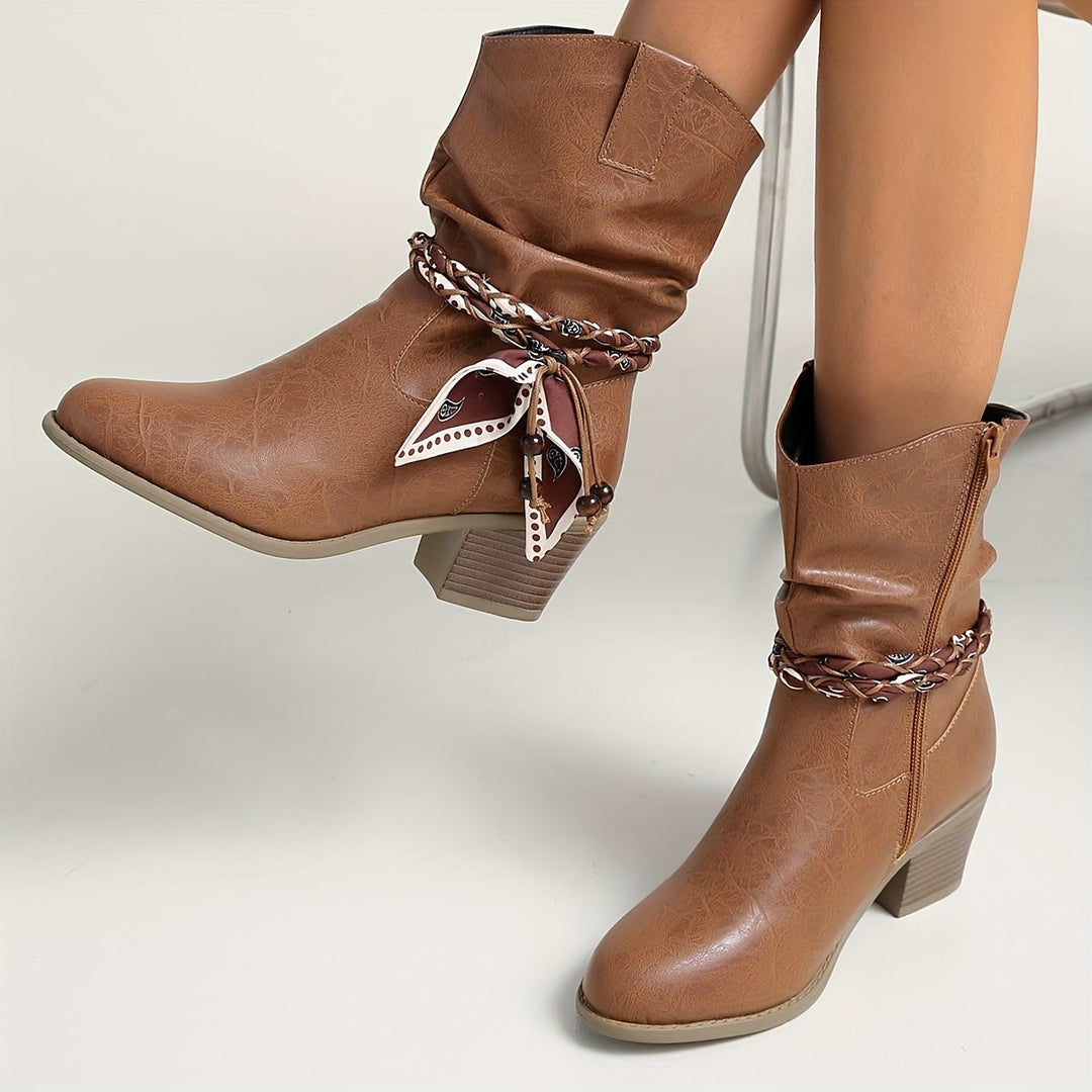 Darcy | Women's Slouch Ankle Boot with Bandana Charm - Brown - Image 3