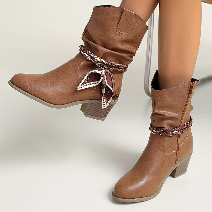 Darcy | Women's Slouch Ankle Boot with Bandana Charm - Brown - Image 3