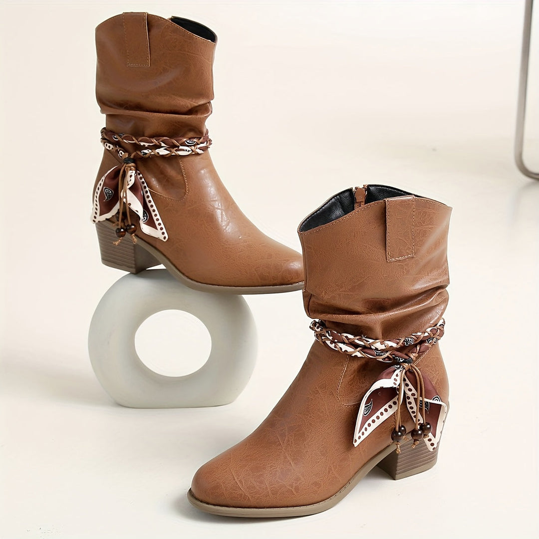 Darcy | Women's Slouch Ankle Boot with Bandana Charm - Brown - Image 7