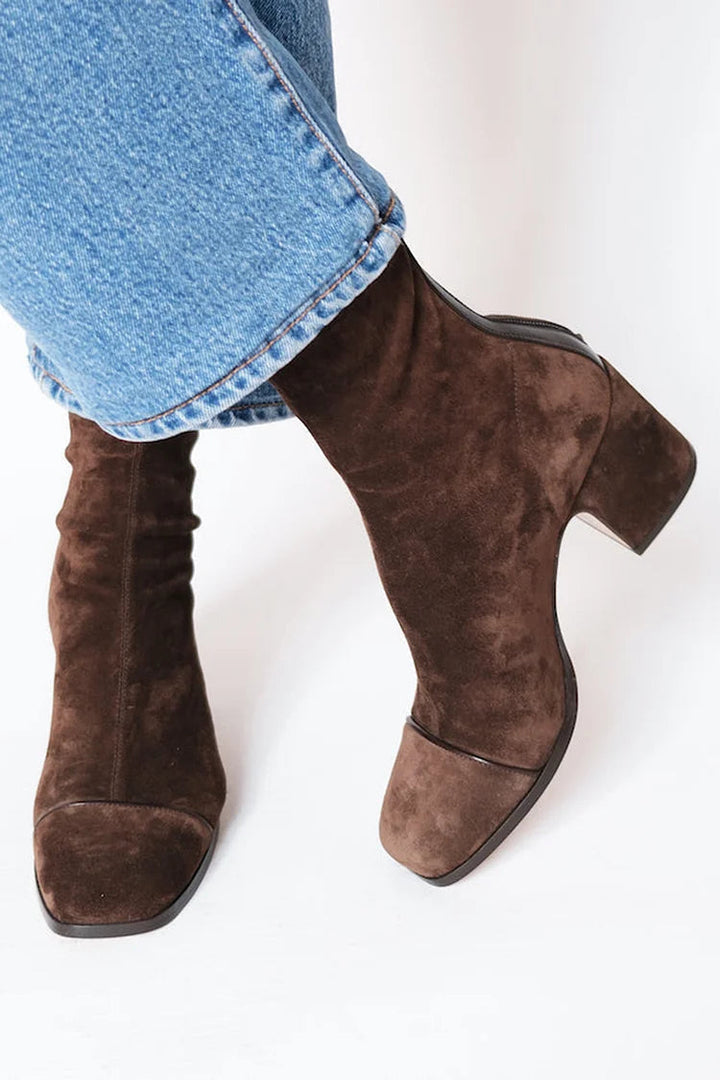Daria | Women's Square Toe Ankle Boot with Block Heel - Dark Brown - Image 1