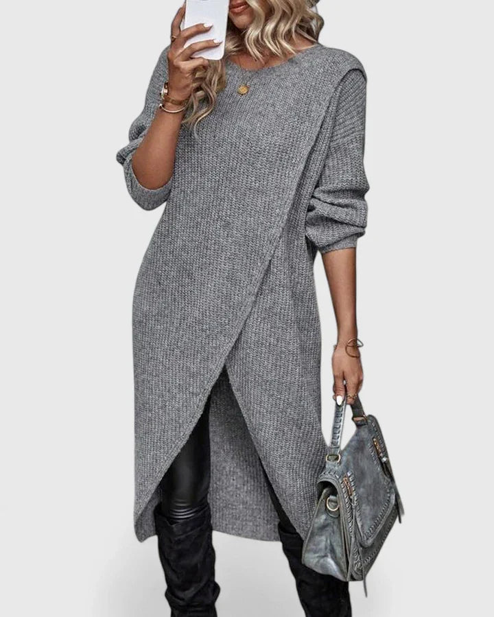 Darina | Women's Knit Sweater Dress with Wrap Hem - Grey - Image 1