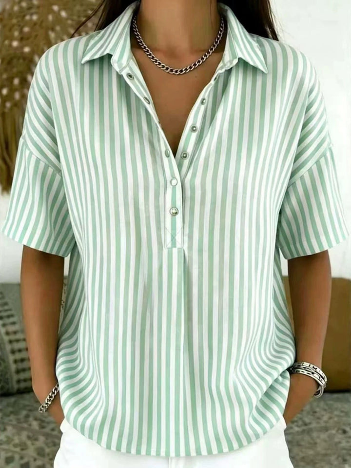 Delfine | Women's Striped Collared Short Sleeve Blouse - Sage - Image 1