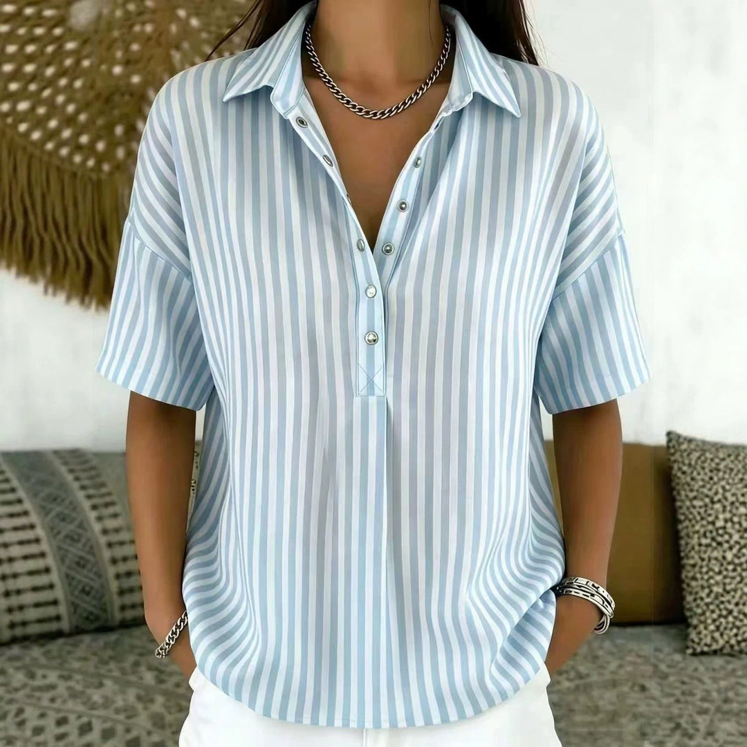 Delfine | Women's Striped Collared Short Sleeve Blouse - Sage - Image 7