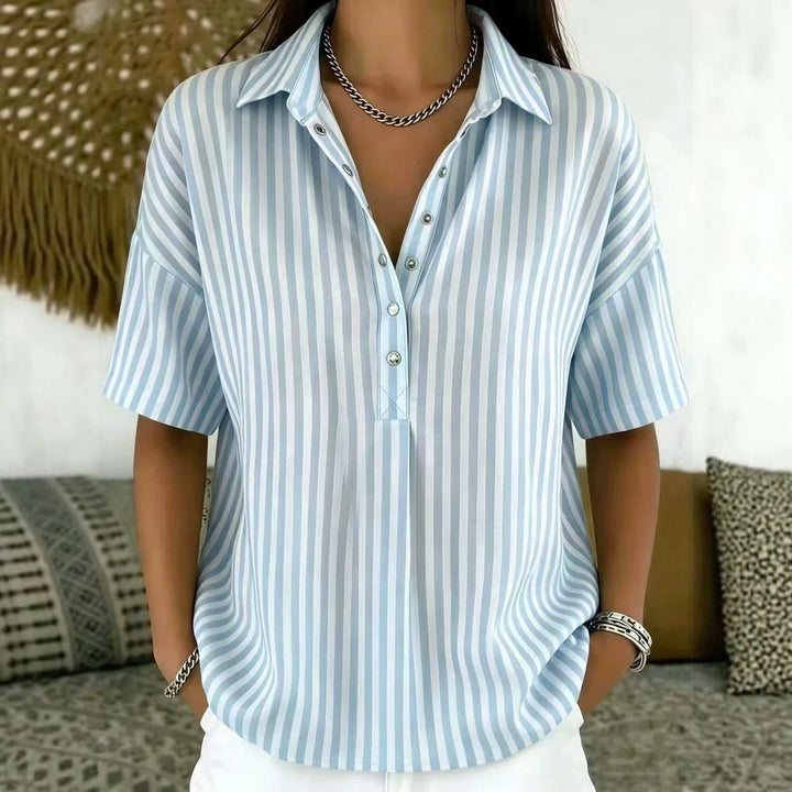 Delfine | Women's Striped Collared Short Sleeve Blouse - Sage - Image 7