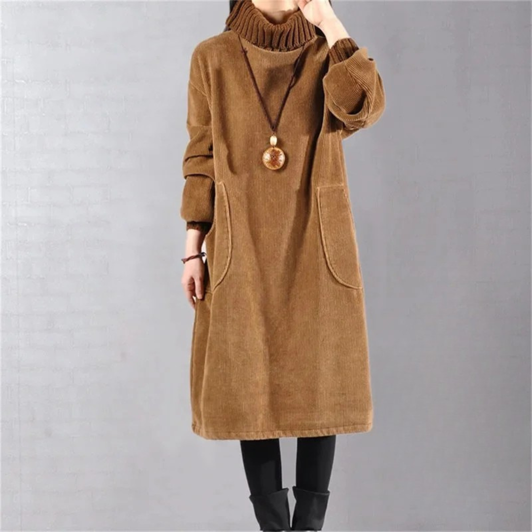 Delia | Women's Knit Sweater Dress Turtleneck Midi - Camel - Image 1