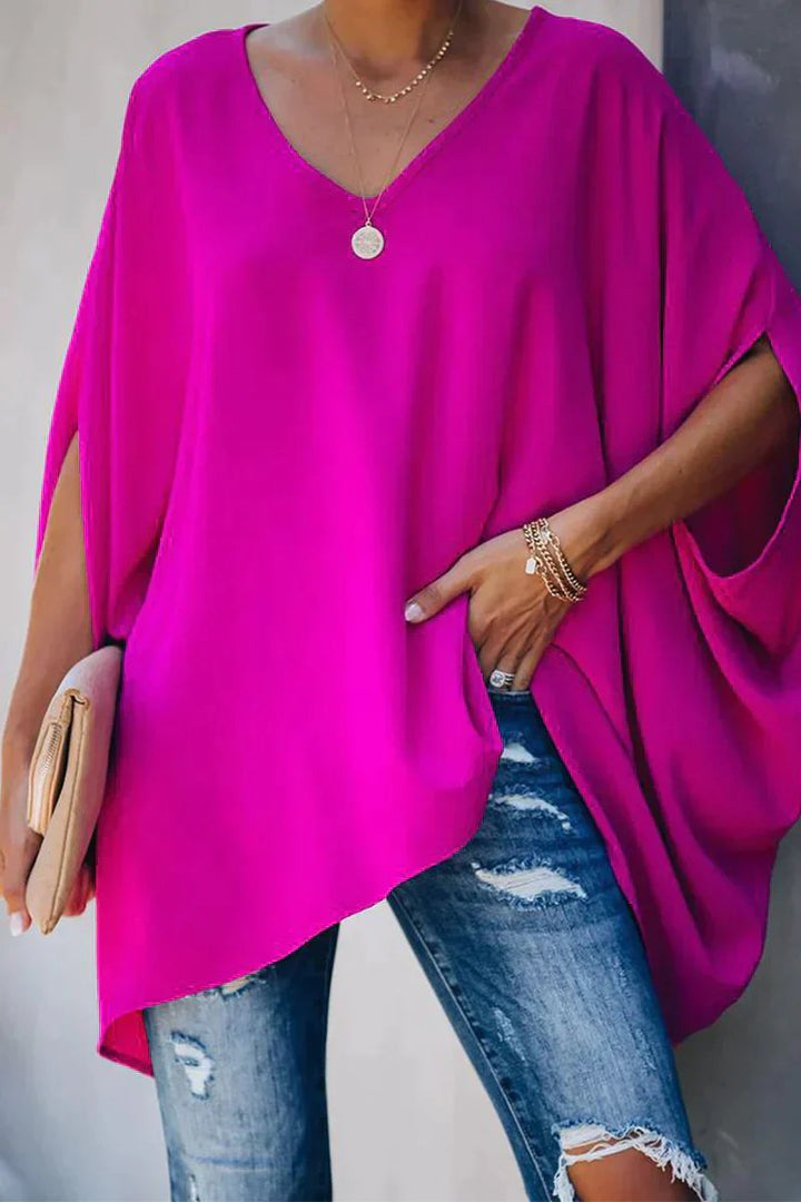 Delia | Women's V-Neck Batwing Sleeve Oversized Tunic Top - Hot Pink - Image 1