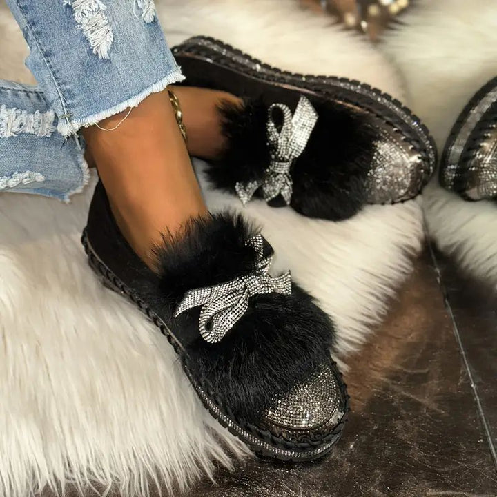 Delilah | Women's Faux Fur Crystal Bow Slip-On Loafers - Image 1