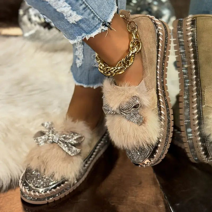 Delilah | Women's Faux Fur Crystal Bow Slip-On Loafers - Image 2