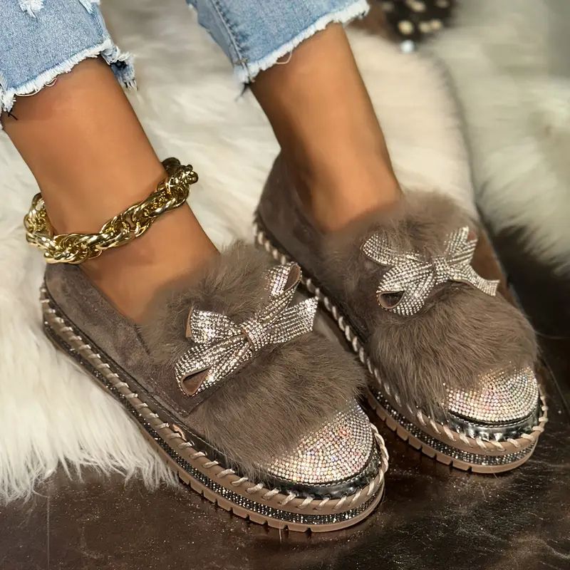 Delilah | Women's Faux Fur Crystal Bow Slip-On Loafers - Image 3