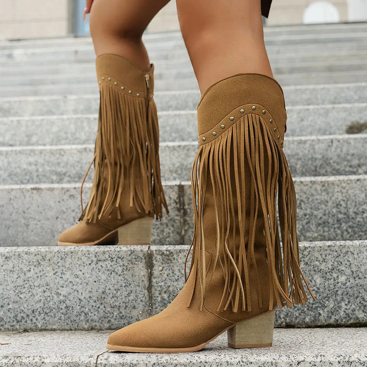 Delora | Women's Wide Calf Western Fringe Cowboy Boots - Brown - Image 7