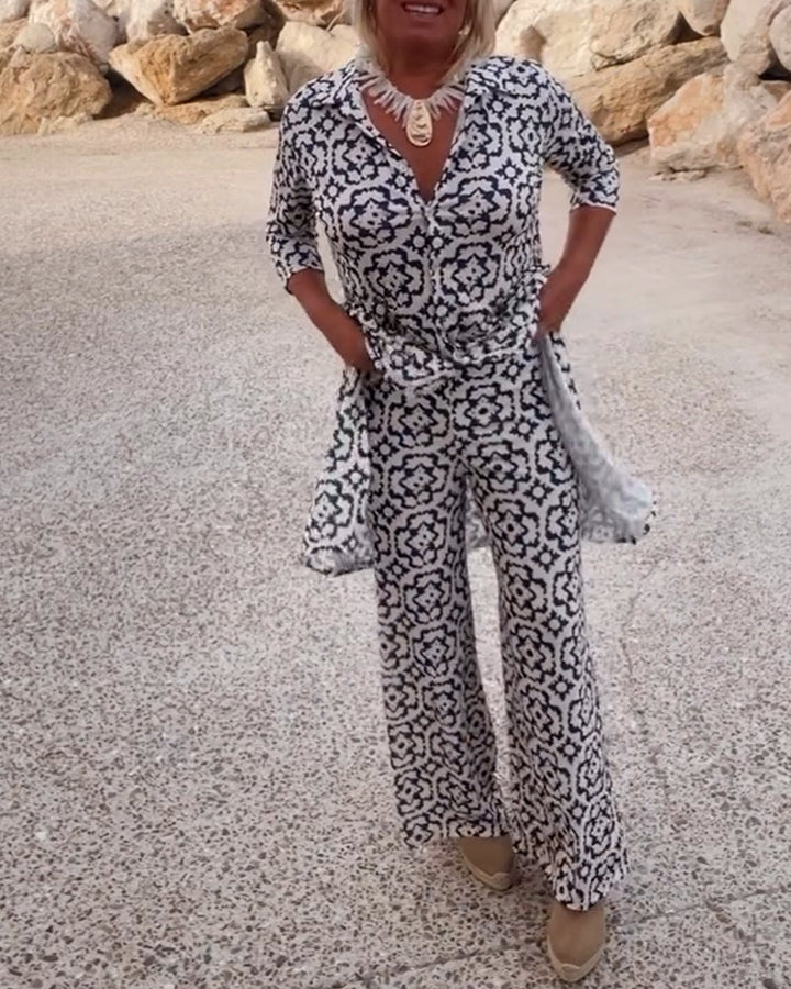 Delphine | Women's Printed V-Neck Tunic Wide Leg Pants Set - Black - Image 3