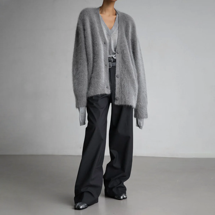 Delwyn | Women's Oversized Fuzzy Button-Front Cardigan - Taupe - Image 4