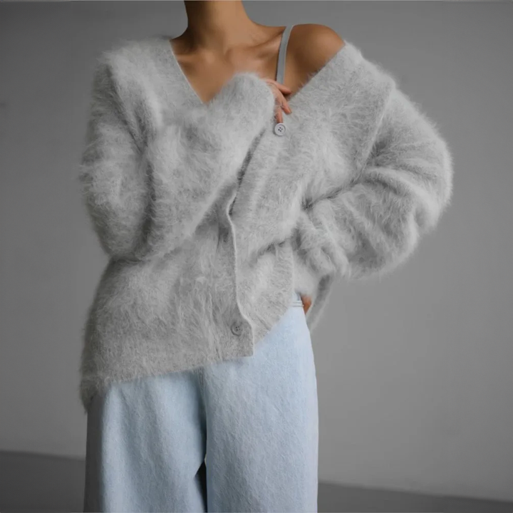 Delwyn | Women's Oversized Fuzzy Button-Front Cardigan - Taupe - Image 8
