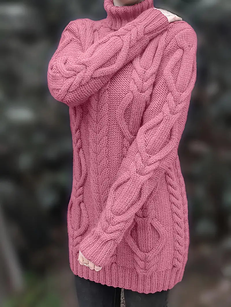 Devna | Women's Oversized Cable Knit Turtleneck Sweater - Burgundy - Image 16