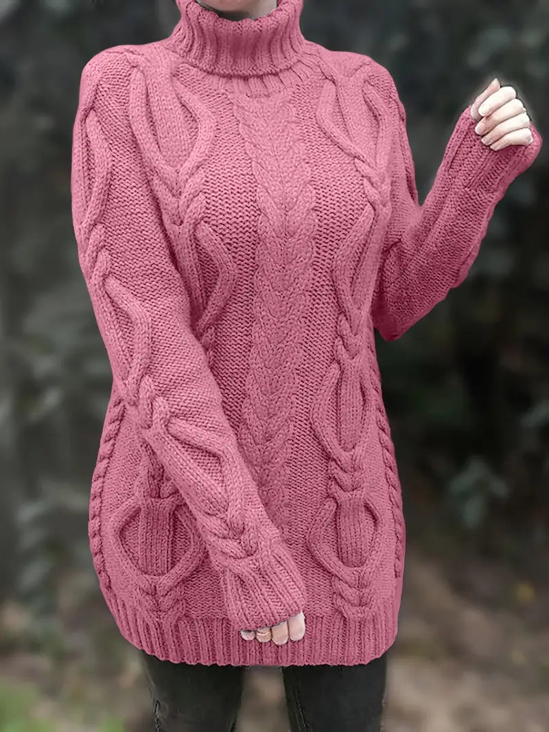 Devna | Women's Oversized Cable Knit Turtleneck Sweater - Burgundy - Image 3