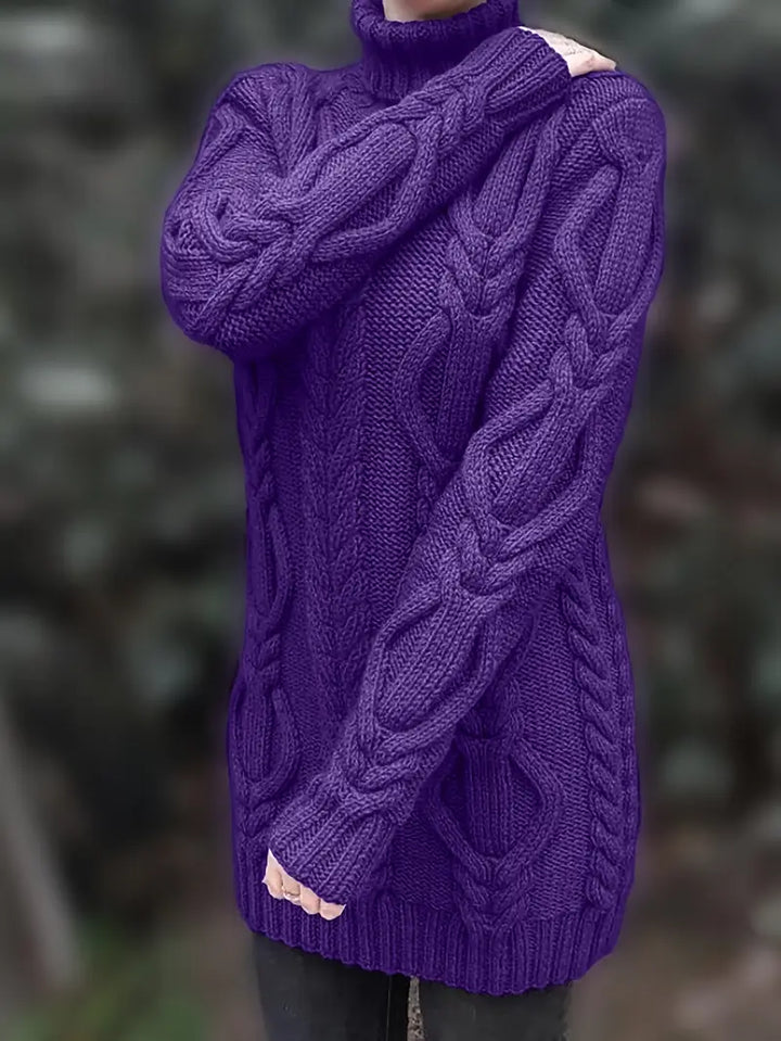 Devna | Women's Oversized Cable Knit Turtleneck Sweater - Burgundy - Image 38