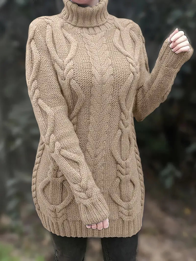 Devna | Women's Oversized Cable Knit Turtleneck Sweater - Burgundy - Image 6