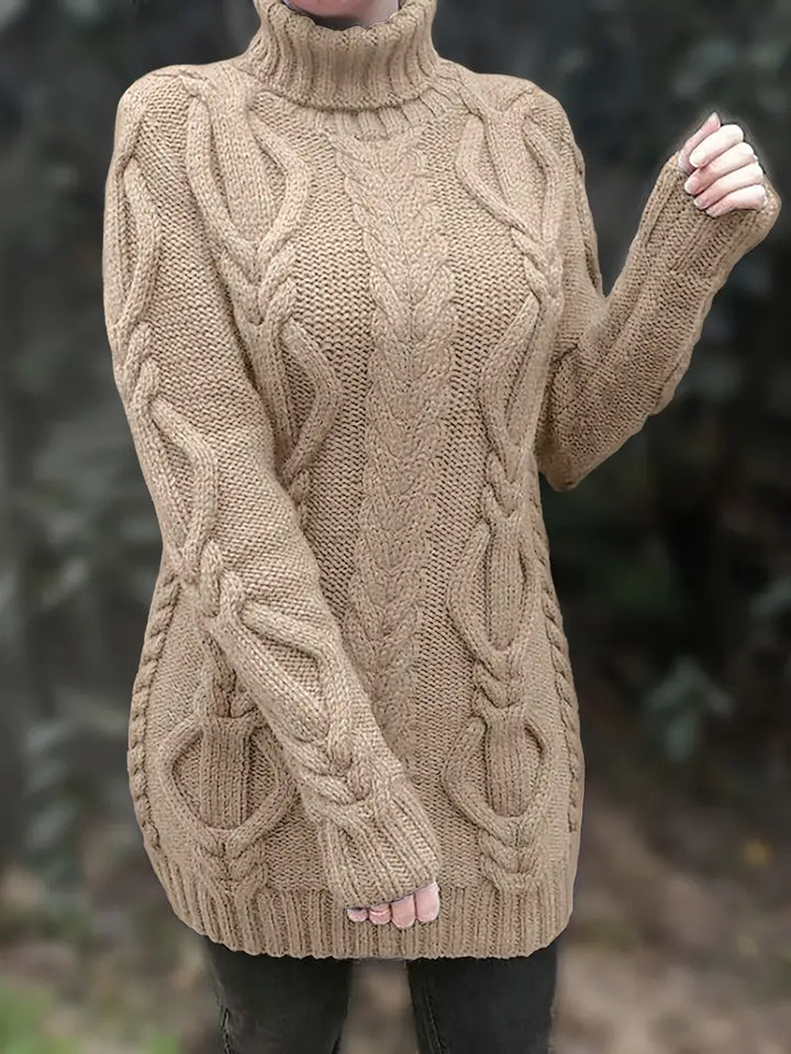 Devna | Women's Oversized Cable Knit Turtleneck Sweater - Burgundy - Image 6
